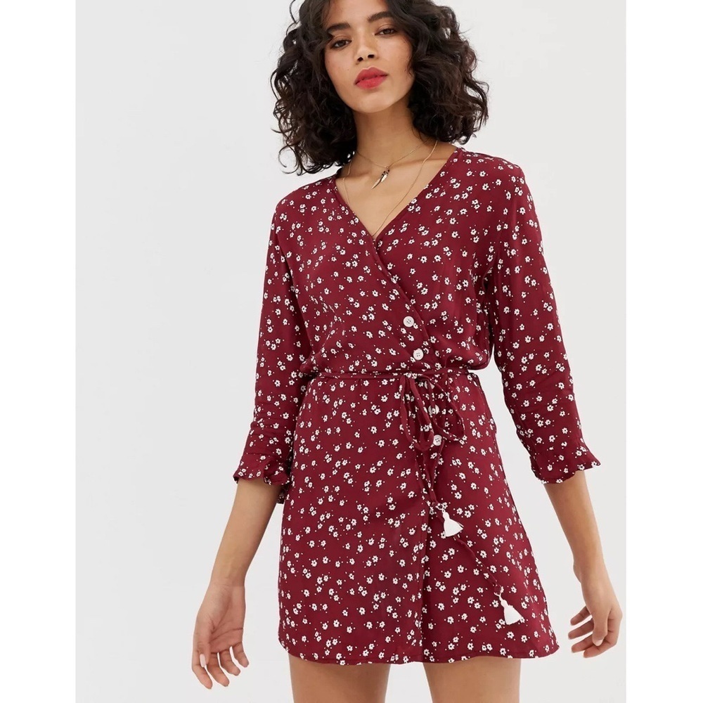 Faithfull • Greta Mini Dress wrap button Betina Floral maroon Berry red